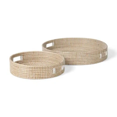 Mercana Kalama Set Of 2 Large Round Seagrass Trays W/ Handles In Neutral