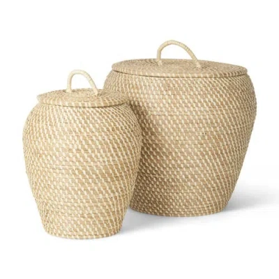 Mercana Kalopa Set Of 2 Seagrass Floor Baskets With Flat Handled Lid In Neutral