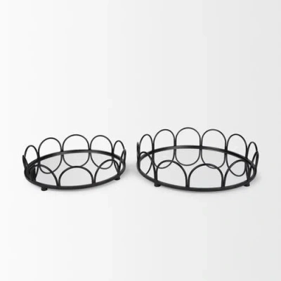 Mercana Lenore Round Metal With Mirror Tray Set Of 2 In Black