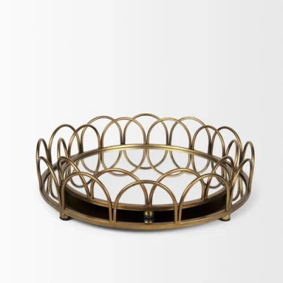 Mercana Lenore Round Metal With Mirror Tray Set Of 2 In Gold