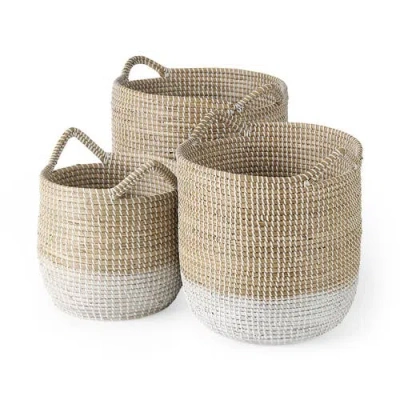 Mercana Maddie Set Of 3 Seagrass Round Basket With Handles In Brown