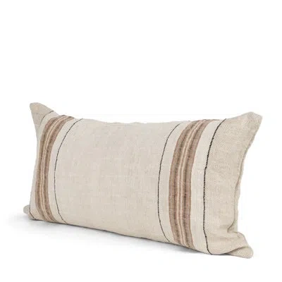 Mercana Maeve 14x26 Lumbar Natural Linen W/ Orange Stripes Decorative Pillow Cover In Brown