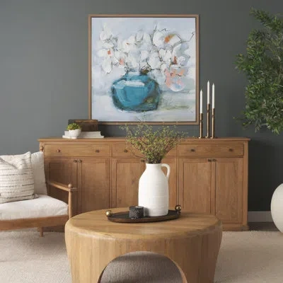 Mercana Magnolia Bouquet By  Studio A Hand Embellished Textured Framed Canvas In Blue;white;gray;white Washed