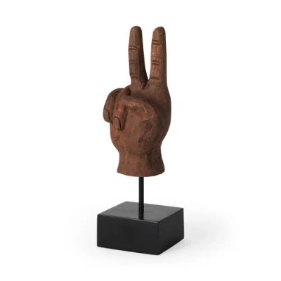 Mercana Pacem 4l X 4w Natural Wooden Carved Peace Sign Hand In Brown