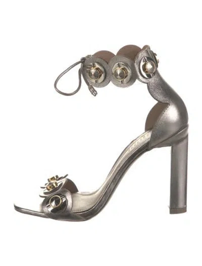 Pre-owned Mercedes Castillo Leather Studded Accents Sandals In Silver