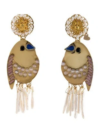 Pre-owned Mercedes Salazar Pearl, Crystal & Glass Bird Clip-on Chandelier Earrings In Multi