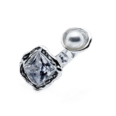 Mercela Women's Silver Adjustable Pearl And Cubic Zirconia Statement Ring – Open Cocktail Ring Gift For Her In Metallic