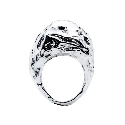 Mercela Women's Voluminous Silver Drop Cocktail Ring With Textured Sculptural Form – Statement Jewellery Gif In Metallic