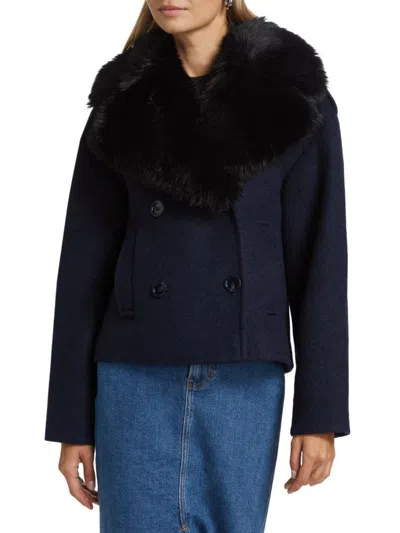 Mercer Collective Women's Georgia Faux Fur Collar Double-breasted Peacoat In Blue