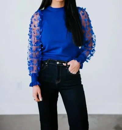 Merci 3d Butterfly Mesh Sweater Top In Royal Blue