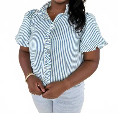 Merci Amabel Striped Ruffled Top In Azule Blue