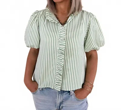 Merci Amabel Striped Ruffled Top In Seafoam Green