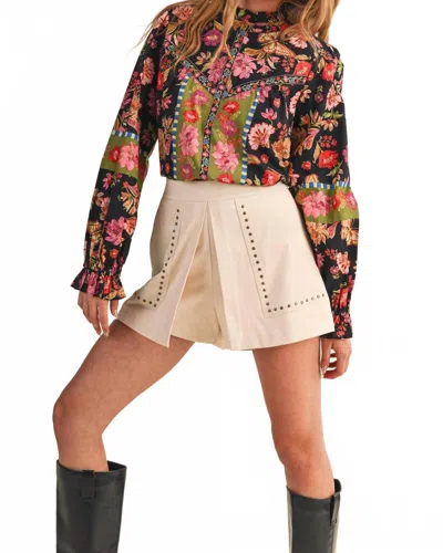 Merci Balloon Sleeve Floral Print Top In Beige In Multi