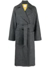 Merci Belted Checked Felted Coat In Grey