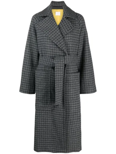 Merci Belted Checked Felted Coat In Grey