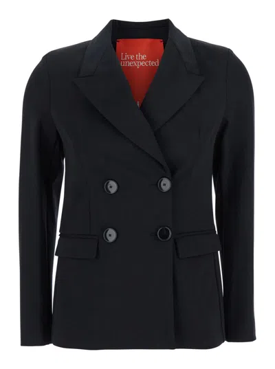 MERCI BLACK DOUBLE-BREASTED JACKET WITH PEAK REVERS IN FABRIC WOMAN