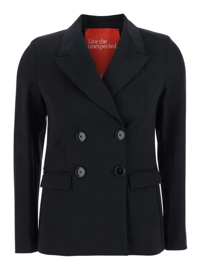 MERCI BLACK DOUBLE-BREASTED JACKET WITH PEAK REVERS IN FABRIC WOMAN