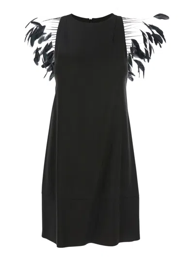 Merci Black Dress With Round Neckline And Feather Decorations In Fabric Woman