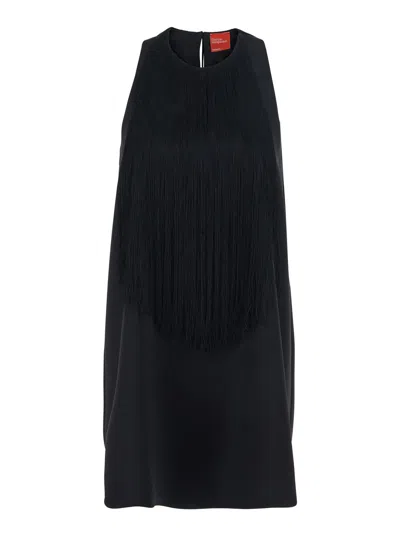 MERCI BLACK DRESS WITH ROUND NECKLINE AND FRINGES APPLIED TO THE FRONT AND BACK IN FABRIC WOMAN