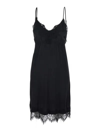 MERCI BLACK DRESS WITH THIN STRAPS AND TONE-ON-TONE LACE TRIM IN FABRIC WOMAN