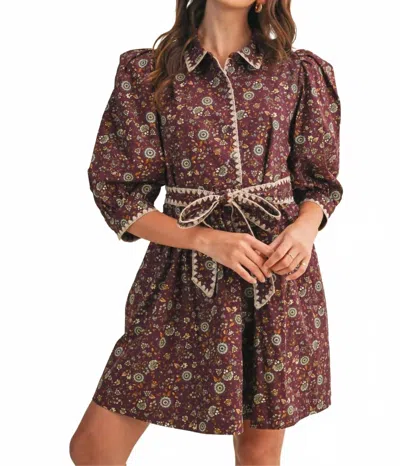 Merci Blanket Stitch Floral Mini Dress In Plum In Multi