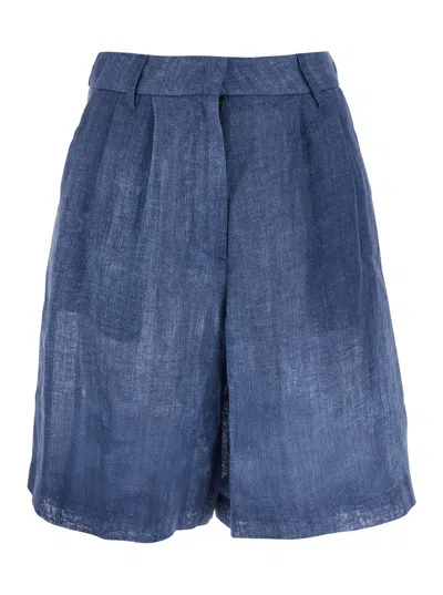 Merci Blue Shorts With Belt Loops And Lightweight Design In Linen Woman