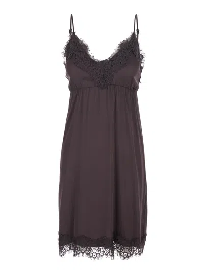 MERCI BROWN DRESS WITH THIN STRAPS AND TONE-ON-TONE LACE TRIM IN FABRIC WOMAN