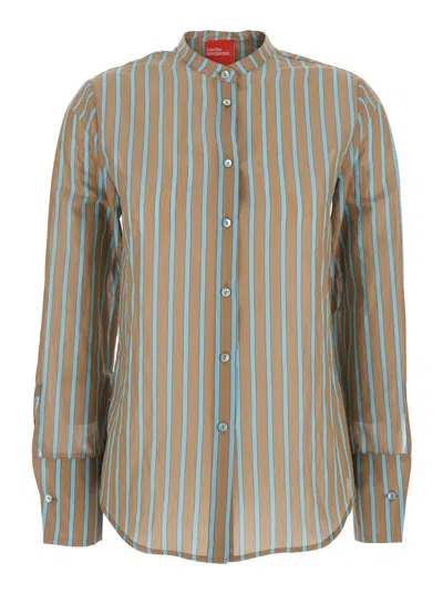 Merci Brown Shirt With Mandarin Collar And All-over Striped Motif In Cotton Stretch Woman In Multi