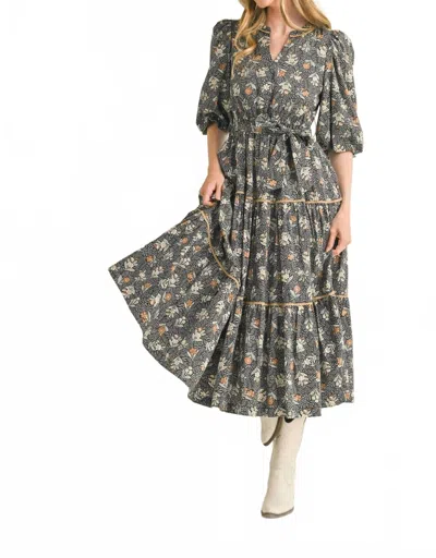 Merci Bubble Sleeve Lace Trim Midi Dress In Black Floral