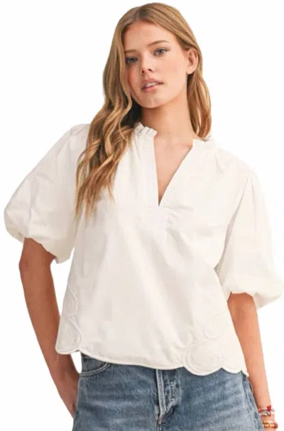 Merci Bubble Sleeve Top With Side Embroidery In White