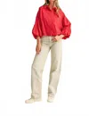 Merci Button Down Bubble Sleeve Top In Berry Red In Red