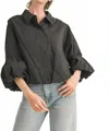 Merci Button Down Bubble Sleeve Top In Black In Gray