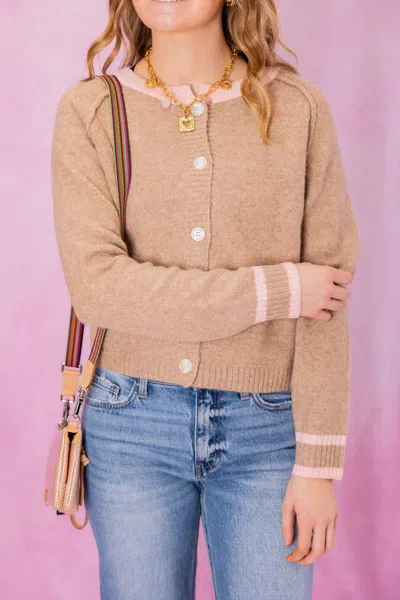 Merci Button Up Cardigan In Beige/pink In Brown