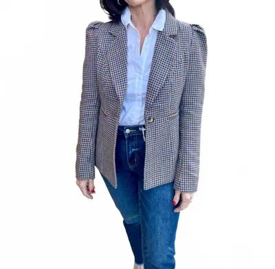 Merci Cabane Puff Sleeve Blazer In Brown Cobalt Blue