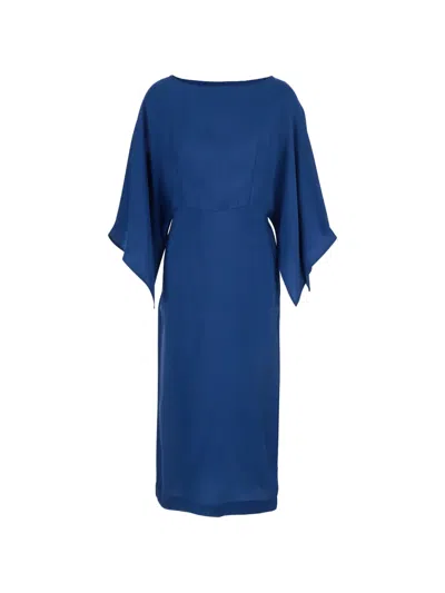 Merci Cape-sleeve Boat-neck Midi Dress In Blue