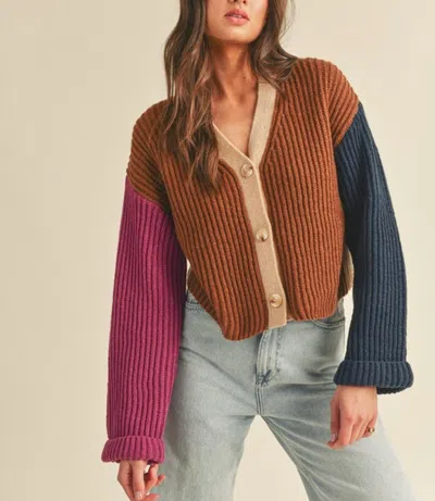 Merci Color Block Knit Sweater Cardigan In Taupe Multi