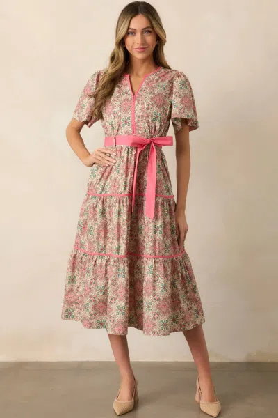 Merci Contrast Binding Printed Midi Dress In Pink