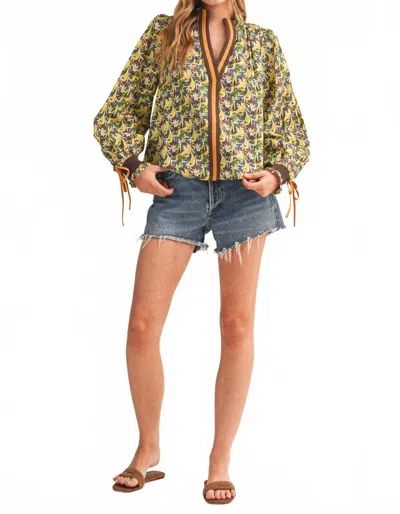 Merci Contrast Neckline Smocked Puff Sleeve Top In Green Multi