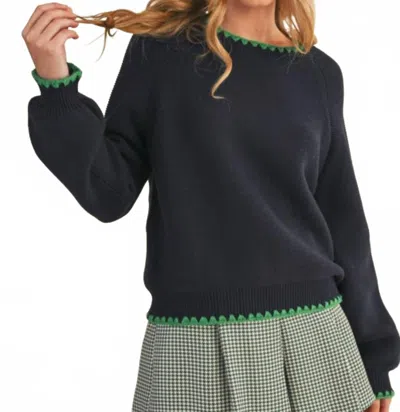 Merci Contrast Puff Sleeve Sweater In Navy/green In Black