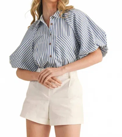 Merci Count On Me Bubble Sleeve Button Down In Blue Stripe In White