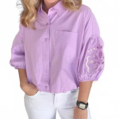 Merci Cut Out Embroidered Bubble Sleeve Top In Lilac In Blue