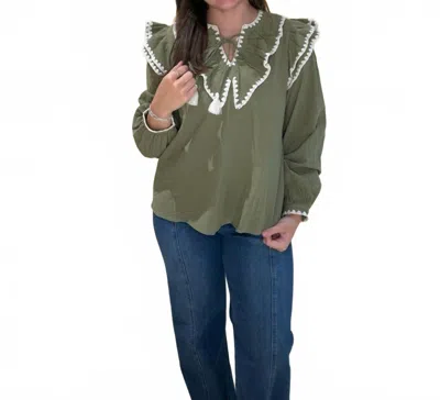 Merci Elara Ruffled Balloon Sleeve Top In Deep Sage Green