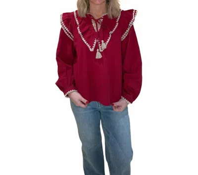 Merci Elara Ruffled Balloon Sleeve Top In Raspberry In Red