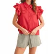 Merci Embroidered Cut Out Button Down Top In Red
