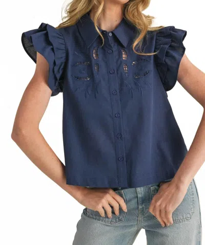 Merci Embroidered Cut Out Button Down Top In Navy In Blue