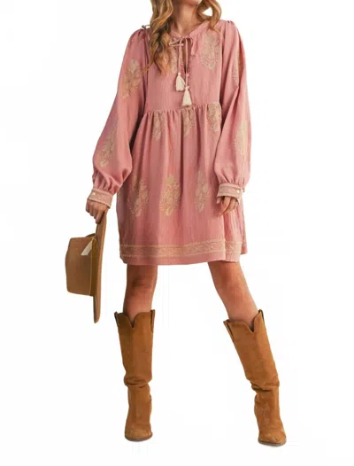 Merci Embroidered Long Puff Sleeve Mini Dress In Rose Pink