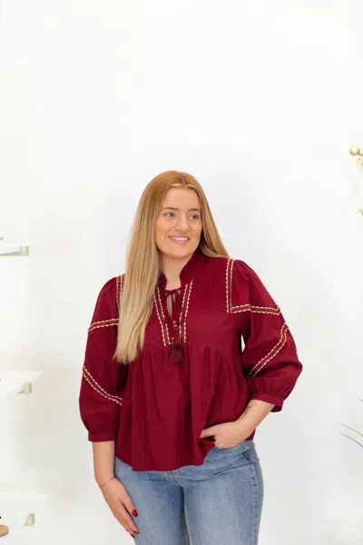 Merci Embroidered Trim Babydoll Blouse In Burgundy