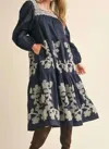 Merci Emroidered Tiered Midi Dress In Navy