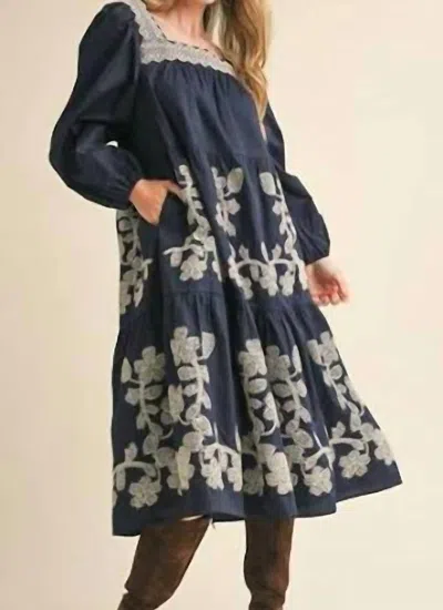 Merci Emroidered Tiered Midi Dress In Navy