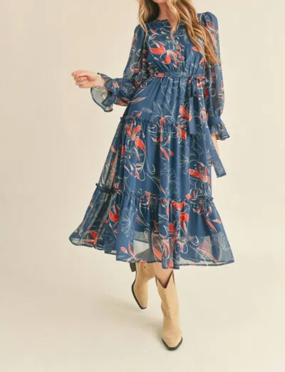 Merci Exclusive Floral Print Tiered Midi Long Sleeve Dress In Teal Combo In Blue
